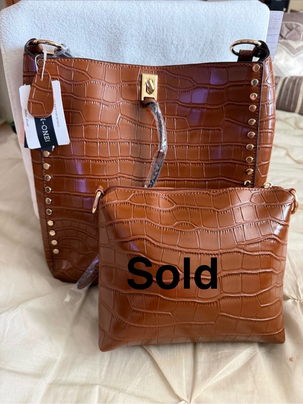 Faux-Croc Shoulder Tote with Matching Crossbody - Brown